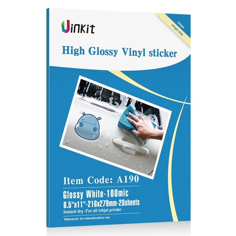 يوينكيت Uinkit ورق لاصق لامع للطابعة النافثة للحبر قابل للطباعة من الفينيل الأبيض Cricut مقاوم للماء لاصق دائم مقاوم للماء ملصق مصد السيارة 8.5 × 11 بوصة حجم الرسالة 20 ورقة ملصق - Image 1